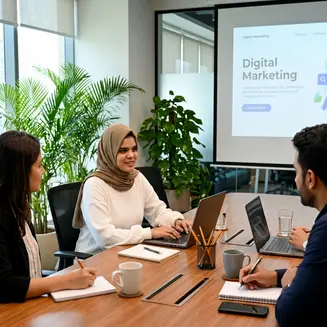 best digital marketing agency in Abu Dhabi is attending the client meeting in the office